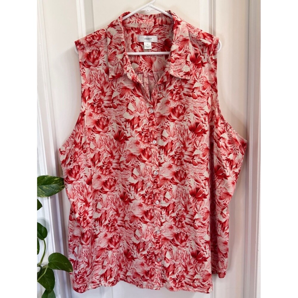 cj banks Women’s Red Floral Sleeveless Button-Up Top in Linen Blend Sz 3X